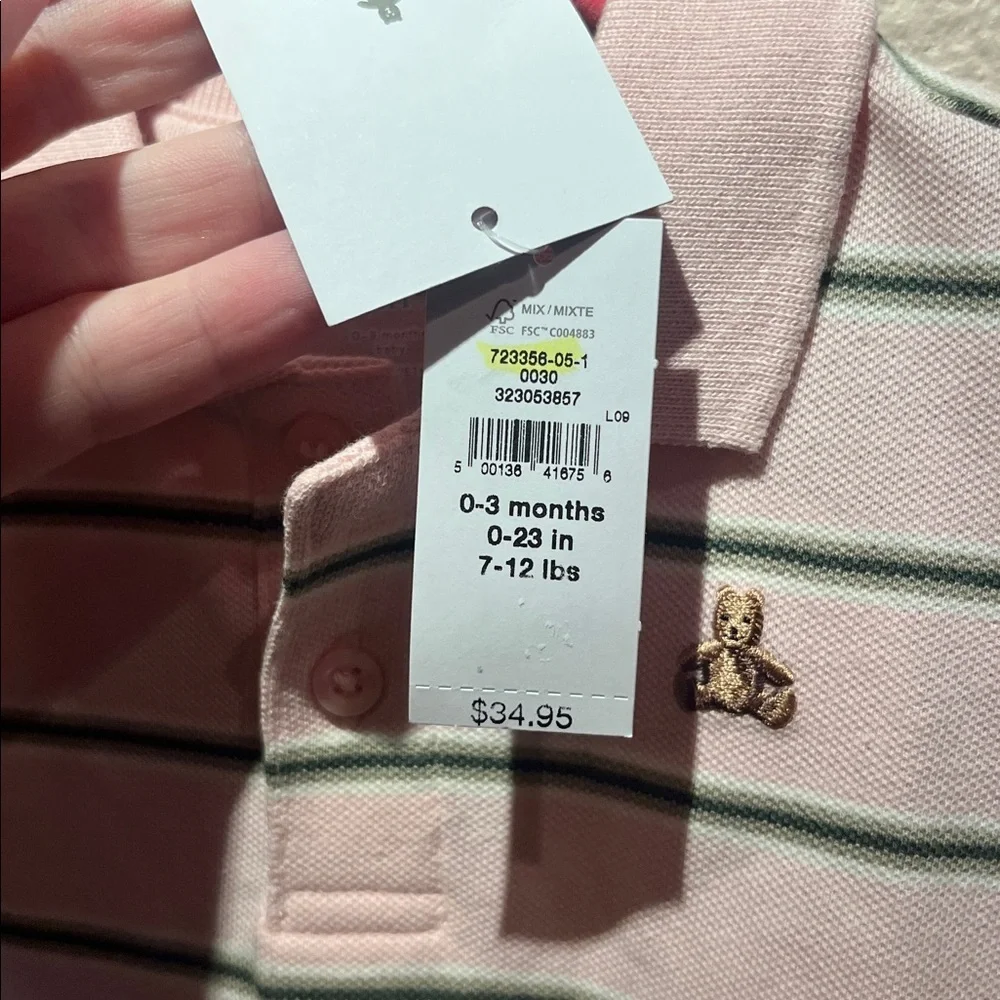 New Baby GAP Baby Pique Polo Shorty One-Piece Pink Bear Stripes 0-3 Months NWT